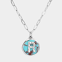 -R- Monogram Turquoise Pendant Necklace