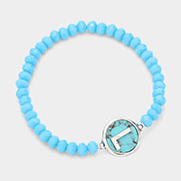 -L- Monogram Turquoise Charm Faceted Beaded Stretch Bracelet