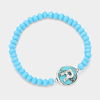 -R- Monogram Turquoise Charm Faceted Beaded Stretch Bracelet