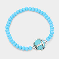 -T- Monogram Turquoise Charm Faceted Beaded Stretch Bracelet