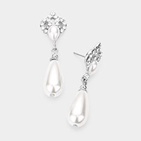 Rhinestone Embellished Metal Detailed Double Teardrop Pearl Link Dangle Earrings