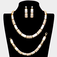 3PCS - Rhinestone Embellished Metal Rectangle Link Necklace Jewelry Set