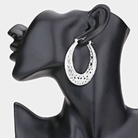 Cut Out Detailed Rhinestone Embellished Metal Oval Hoop Pin Catch Earrings