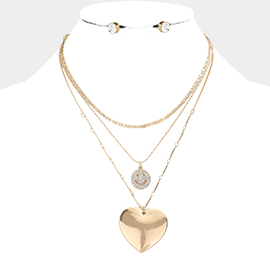3PCS - Stone Embellished Smile Metal Heart Pendant Necklaces