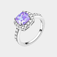 Rhodium Plated Square Cubic Zirconia Halo Statement Ring