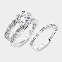 2PCS - Rhodium Plated CZ Round Accented Metal Band Rings