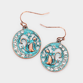 Stone Embellished Metal Cat on Crescent Moon Dangle Earrings