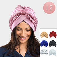 12PCS - Sequin Embellished Solid Turban Hats