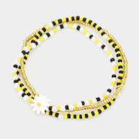 3PCS - Flower Accented Pearl Seed Beaded Stretch Bracelets