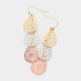 Filigree Triple Metal Teardrop Link Dangle Earrings
