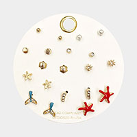 10Pairs - Enamel Mermaid Tail Starfish Pearl Shell North Star Stud Earrings