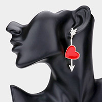 Enamel Heart Accented Rhinestone Embellished Arrow Dangle Earrings