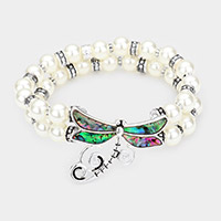 Abalone Dragonfly Accented Double Layered Pearl Stretch Bracelet