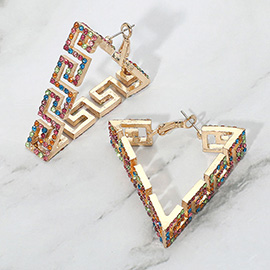 Rhinestone Embellished Greek Patterned Triangle Hoop Earrings