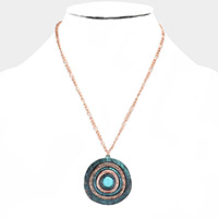 Turquoise Centered Irregular Metal Round Pendant Necklace