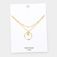 Round CZ Brass Metal Open Circle Pendant Double Layered Necklace