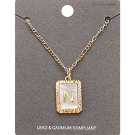 -N- Monogram Genuine Shell Rectangle Pendant Necklace