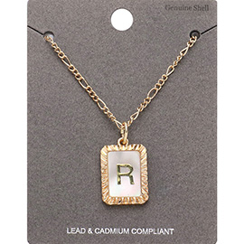 -R- Monogram Genuine Shell Rectangle Pendant Necklace
