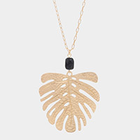 Semi Precious Metal Tropical Leaf Link Pendant Long Necklace