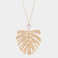 Semi Precious Metal Tropical Leaf Link Pendant Long Necklace