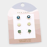 3Pairs - Round Stone Enamel Leaf Clover Stud Earrings