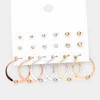 9Pairs - Round Stone Metal Ball Accented Hoop Pin Catch Earrings