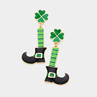St. Patrick's Day Enamel Metal Clover Shoes Dangle Earrings