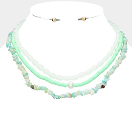 Natural Stone Oval Heishi Beaded Triple Layered Necklace