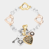 Antique Metal Heart Key Lock Round Stone Charm Toggle Bracelet