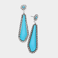 Turquoise Accented Flower Antique Metal Dangle Earrings