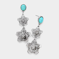 Turquoise Accented Antique Metal Double Flower Link Dangle Earrings