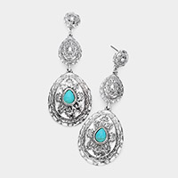 Turquoise Accented Antique Metal Double Teardrop Link Dangle Earrings