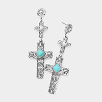 Turquoise Accented Antique Metal Double Cross Link Dangle Earrings