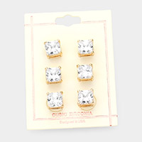 3Pairs - CZ Square Stone Stud Earrings