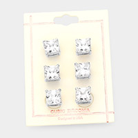 3Pairs - CZ Square Stone Stud Earrings
