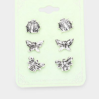 3Pairs - Antique Metal Ladybug Butterfly Honey Bee Stud Earrings