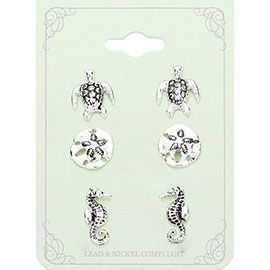 3Pairs - Antique Metal Turtle Sand Dollar Seahorse Stud Earrings