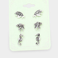 3Pairs - Antique Metal Turtle Conch Seahorse Stud Earrings