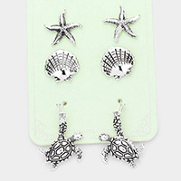 3Pairs - Antique Metal Starfish Shell Turtle Earrings