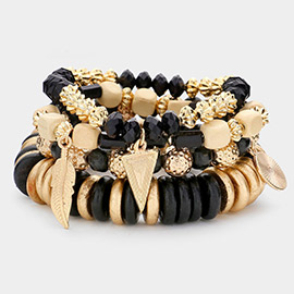 5PCS - Metal Coin Feather Charm Wood Beaded Stretch Bracelets