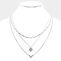 Metal Square Chevron Pendant Triple Layered Necklace