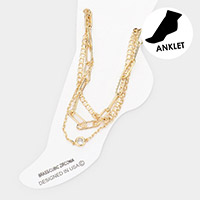 Round CZ Pointed Brass Metal Chain Triple Layered Anklet