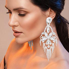 Marquise Stone Flower Accented Chandelier Evening Earrings