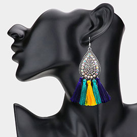 Mardi Gras Stone Embellished Metal Teardrop Tassel Dangle Earrings