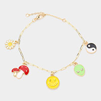 Enamel Flower Mushroom Smile Alien Yin Yang Charm Station Bracelet