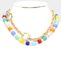 Open Metal Circle Accented Pearl Resin Beaded Double Layered Necklace
