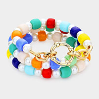 3PCS - Open Metal Circle Accented Pearl Resin Beaded Stretch Bracelets