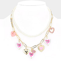 Heart Pendant Station Pearl Double Layered Necklace