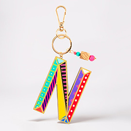 -N- Geometric Patterned Wood Initial Monogram Keychain / Bag Charm