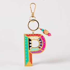 -P- Geometric Patterned Wood Initial Monogram Keychain / Bag Charm